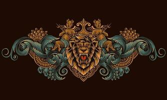 Lion head with two demon antique engraving style vector