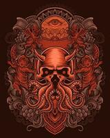 Skull octopus with vintage engraving style vector