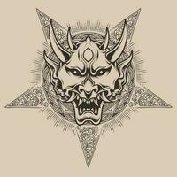 Demon mask with two sword and flower vector