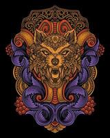 lobo cabeza tribal estilo con antiguo grabado ornamento vector