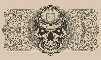 demon skull with antique engraving ornament vector