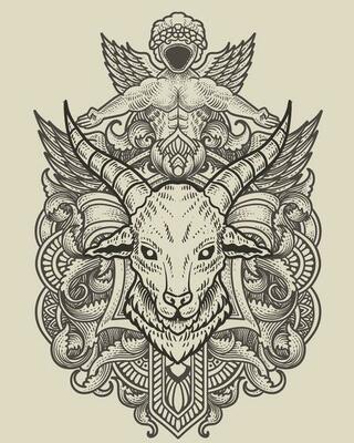 Goat head with antique engraving ornament background