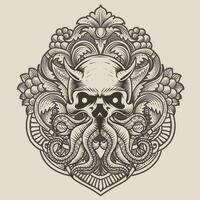 Skull octopus with vintage engraving style vector