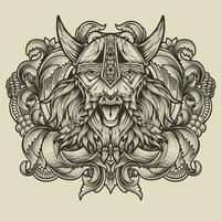 Viking head with antique engraving ornament vector