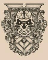 Skull brain with vintage engraving ornament vector