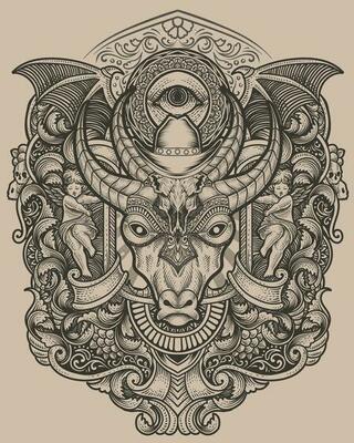 Cow head with vintage engraving ornament
