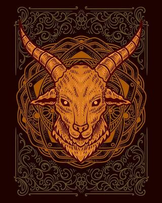 Goat head with antique engraving ornament background