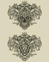 Set skull and lion with engraving style vector