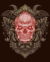 demon skull with antique engraving ornament vector