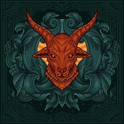 Goat head with antique engraving ornament background