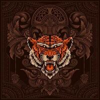 Tiger head with vintage engraving ornament vector