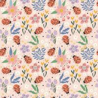 Ladybugs among flowers. Summer pattern. Seamless pattern, vector illustration