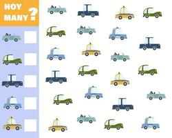 Counting game for preschool children. Educational math game. Count how many cars there are and write down the result. vector