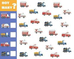 Counting game for preschool children. Educational math game. Count how many cars there are and write down the result. vector