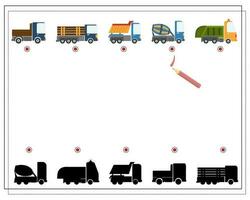 encontrar el Derecha sombra, un educativo juego para niños, dibujos animados carros. vector ilustración en un blanco antecedentes