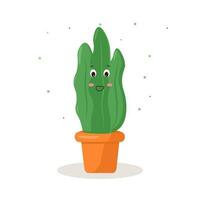 Green cactus pot for decorative design. Vector drawing. Smile face.