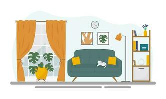 A modern living room in the apartment in a block of flats. Concept vector illustration in flat style.