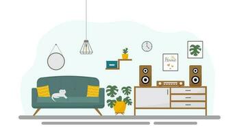 Modern and cozy living room interior. Concept vector illustration in flat style.