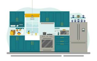 Kitchen interior in a modern and cozy house. Concept vector illustration in flat style.
