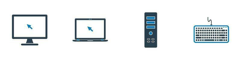 Computer Device Icon Set. Collection of Desktop, Laptop, PC, CPU, Keyboard and More Icons. Editable Flat Vector Illustration.