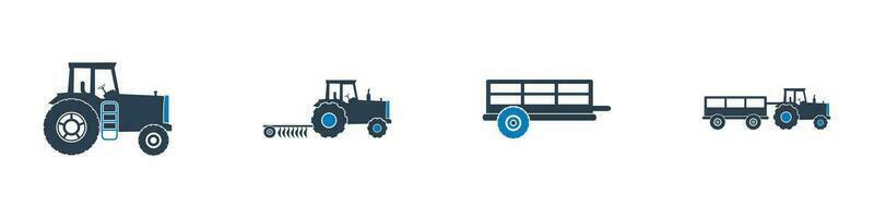 Tractor and Trolley Icon Set. Editable Flat Vector Illustration.