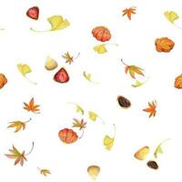 Watercolor seamless pattern with hand drawn traditional Japanese sweets. Wagashi, mochi, autumn maple leaves. Isolated on white background. Invitations, restaurant menu, greeting cards, print, textile vector