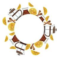 Watercolor hand drawn illustration. Black tea pot cups turkish glass lemon cinnamon. Round wreath frame Isolated on white background. For invitations, cafe, restaurant food menu, print, website, cards vector