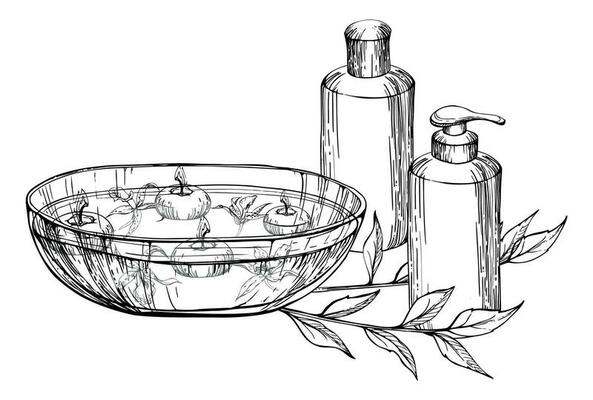 Hand drawn vector ink spa and bath beauty products accessories floating candles. Horizontal composition. Isolated on white background. Design for wellness resort, print, fabric, cover, card, booklet.