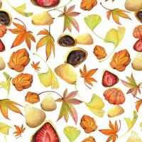 Watercolor seamless pattern with hand drawn traditional Japanese sweets. Wagashi, mochi, autumn maple leaves Isolated on white background. Invitations, restaurant menu, greeting cards, print, textile vector