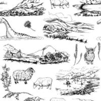 Ink hand drawn graphic vector sketch. Seamless pattern, scottish symbol landscapes and animals. Sheep, hairy coo cow, Loch Ness monster, heather. Design for wallpaper, print, paper, textile, fabric