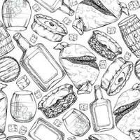 Ink hand drawn graphic vector sketch. Seamless pattern with scottish symbol objects. Traditional food and drink. Haggis, scotch pie whisky whiskey. Design for wallpaper, print, paper, textile, fabric.