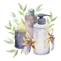 Hand drawn watercolor spa skincare bath beauty products package flowers. Horizontal composition Isolated on white background. Design for wall art, wellness resort, print, fabric, cover, card, booklet. vector