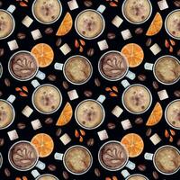 Watercolor hand drawn seamless pattern with coffee cups, beans, sugar cubes, orange slices, juice drops. Isolated on dark background For invitations, cafe, restaurant food menu, print, website, cards vector