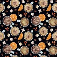 Watercolor hand drawn seamless pattern with coffee cups, beans, sugar cubes, orange slices, juice drops. Isolated on dark background For invitations, cafe, restaurant food menu, print, website, cards vector