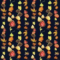 Watercolor seamless pattern with hand drawn traditional Japanese sweets. Wagashi, mochi, autumn maple leaves Isolated on color background. Invitations, restaurant menu, greeting cards, print, textile vector