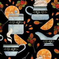 Watercolor hand drawn seamless pattern with coffee cups, beans, sugar cubes, orange slices, juice drops. Isolated on dark background For invitations, cafe, restaurant food menu, print, website, cards vector