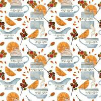 Watercolor hand drawn seamless pattern with coffee cups, beans, sugar cubes, orange slices, juice drops. Isolated on white background For invitations, cafe, restaurant food menu, print, website, cards vector