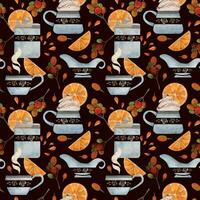 Watercolor hand drawn seamless pattern with coffee cups, beans, sugar cubes, orange slices, juice drops. Isolated on dark background For invitations, cafe, restaurant food menu, print, website, cards vector