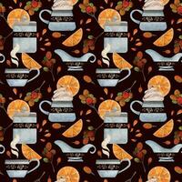 Watercolor hand drawn seamless pattern with coffee cups, beans, sugar cubes, orange slices, juice drops. Isolated on dark background For invitations, cafe, restaurant food menu, print, website, cards vector