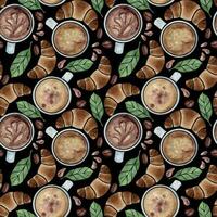 Watercolor hand drawn seamless pattern with capuccino coffee cups, beans, leaves, drops, croissant. Isolated on dark background. For invitations, cafe, restaurant food menu, print, website, cards vector