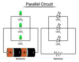 paralelo circuito de 3 leds conectado a pilas eléctrico circuito experimento. vector