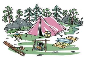 tent in the forest, cartoon vector hand-drawing illustration