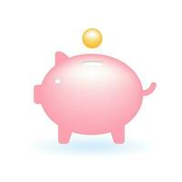 3D Piggy Bank with Coin Save Saving Money Icon. Business Finance Concept. Glossy Glass Plastic Pastel Color. Cute Realistic Cartoon Minimal Style. 3D Render Vector Icon UX UI Isolated Illustration.