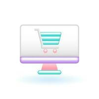 3D Computer Online Store Trolley Cart Icon. Marketing Online Shopping Concept. Glossy Glass Plastic Pastel Color. Realistic Cartoon Minimal Style. 3D Render Vector Icon UX UI Isolated Illustration.