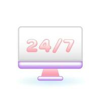 3D Computer 24 hours 7 days Support Icon. Customer Service Concept. Glossy Glass Plastic Pastel Color. Cute Realistic Cartoon Minimal Style. 3D Render Vector Icon UX UI Isolated Illustration.