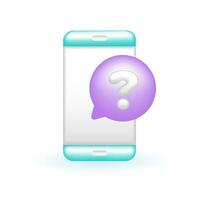 3D Mobile Phone Speech Bubble Question Mark Icon. Customer Service Concept. Glossy Glass Plastic Pastel Color. Cute Realistic Cartoon Minimal Style. 3D Render Vector Icon UX UI Isolated Illustration.