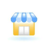 3D Store Retail Shop Pop-up Store Icon. Marketing Online Shopping Concept. Glossy Glass Plastic Pastel Color. Cute Realistic Cartoon Minimal Style. 3D Render Vector Icon UX UI Isolated Illustration