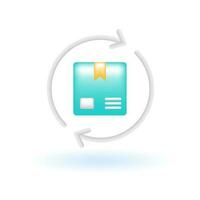 3D Return Box Parcel Exchange Icon. Online Shopping Customer Service Concept. Glossy Glass Plastic Pastel Color. Cute Realistic Cartoon Minimal Style. 3D Render Vector Icon UX UI Isolated Illustration