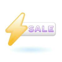 3D Flash Sale Badge Banner Thunder Icon. Online Shopping Promotion Concept. Glossy Glass Plastic Pastel Color. Cute Realistic Cartoon Minimal Style. 3D Render Vector Icon UX UI Isolated Illustration.