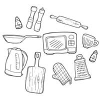 Set of doodle kitchen utensil outline in black isolated over white background vector